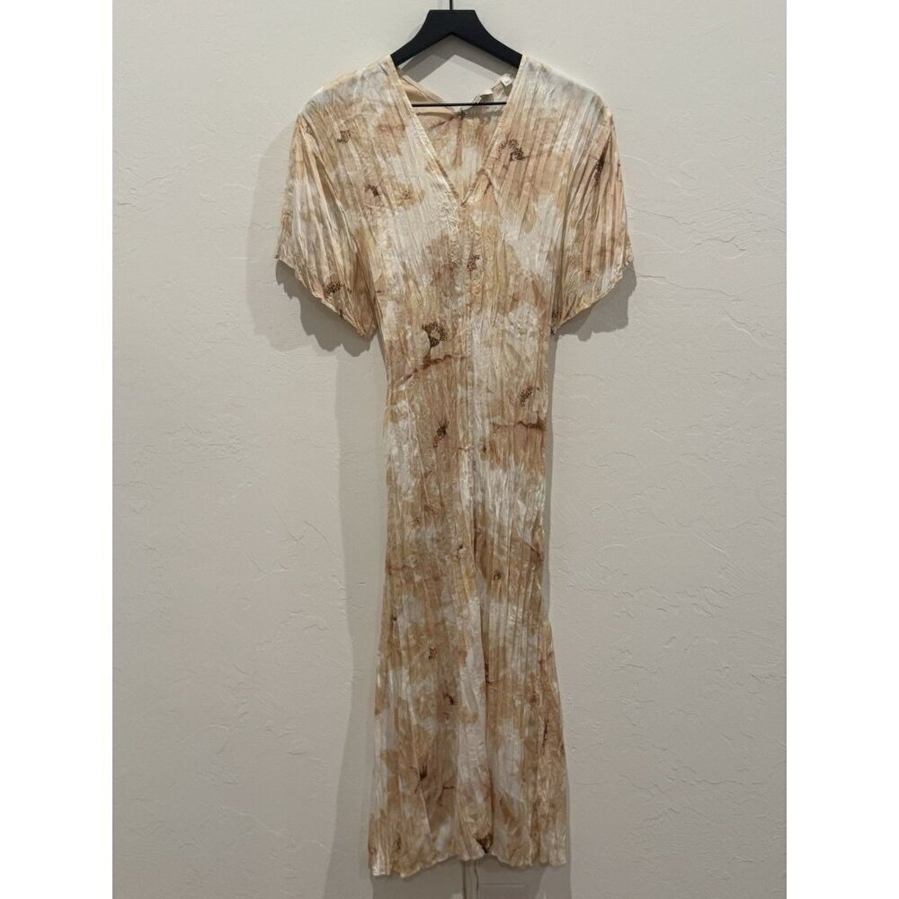 VINCE Women's Painted Magnolia V-Neck Short Sleeve Cream Pink Midi Dress Size M - Picture 3 of 13